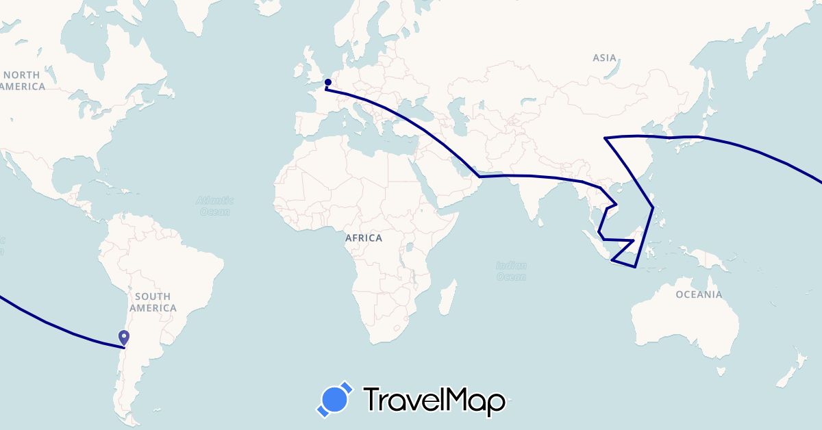 TravelMap itinerary: driving in Chile, China, France, Indonesia, Japan, Cambodia, South Korea, Laos, Myanmar (Burma), Malaysia, Oman, Philippines, Singapore, Vietnam (Asia, Europe, South America)